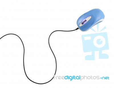 Blue Computer Mouse And Tail On White Background Stock Photo