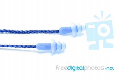 Blue Earplugs With A String On White Background Stock Photo