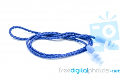 Blue Earplugs With A String On White Background Stock Photo