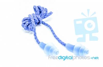 Blue Earplugs With A String On White Background Stock Photo