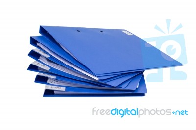 Blue File Folder And Stack Of Business Report Paper File Isolated With White Background Stock Photo