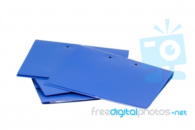 Blue File Folder And Stack Of Business Report Paper File Isolated With White Background Stock Photo