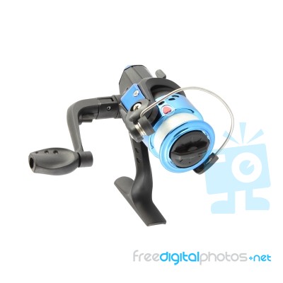 Blue Fishing Reel With Line On White Background Stock Photo