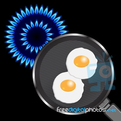 Blue Flame Circle Shape With Frying Pan And Fried Eggs Stock Image