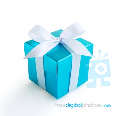 Blue Gift Box With White Ribbon Stock Photo