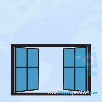 Blue Glass Window Open With World Map Background Stock Image