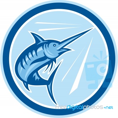 Blue Marlin Fish Jumping Circle Cartoon Stock Image