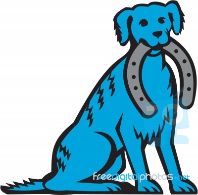 Blue Merle Dog Sitting Biting Horseshoe Retro Stock Image