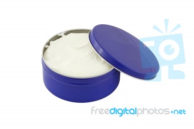 Blue Metal Round Box With Cosmetic Cream Opened On White Background Stock Photo