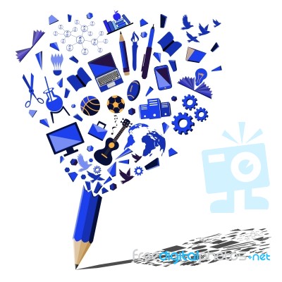 Blue Pencil Breaking With Education And Business Symbols Concept… Stock Image