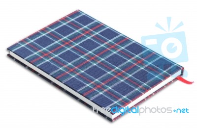 Blue Plaid Covered Notebook Isolated On White Background Stock Photo