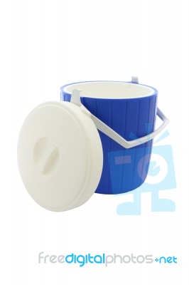 Blue Round Plastic Cooler And Cover On White Background Stock Photo