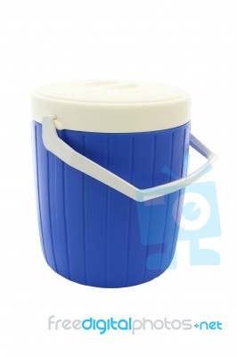 Blue Round Plastic Cooler Closed On White Background Stock Photo