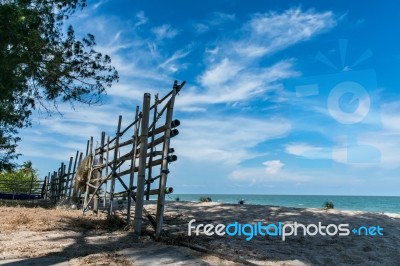 Blue Sky With White Cloud Over The Bamboo Fences Stock Photo