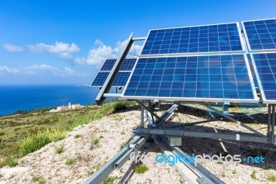 Blue Solar Panels At Coast Near Sea In Kefalonia Greece Stock Photo