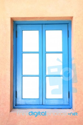 Blue Wooden Frame Window Stock Photo