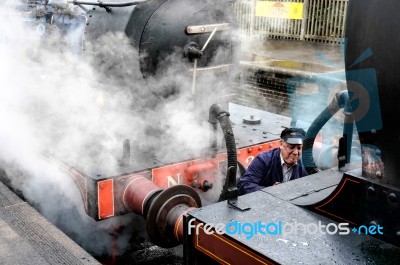 Bluebell Steam Train Being Coupled To A C Class Train Stock Photo