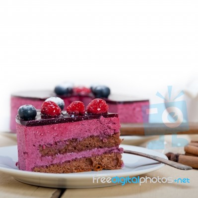 Blueberry And Raspberry Cake Mousse Dessert Stock Photo