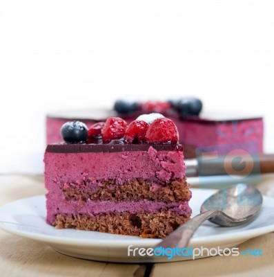 Blueberry And Raspberry Cake Mousse Dessert Stock Photo