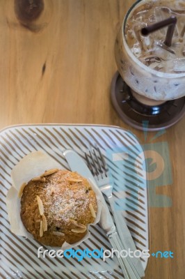 Blueberry Muffin And Iced Coffee Mocha Stock Photo