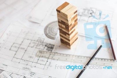 Blueprint Wooden Block  Tower, Planning, Risk And Strategy In Bu… Stock Photo