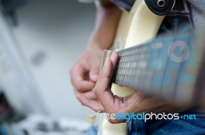 Blues Slide Guitar,electric Guitar Player Performing Song With Slider Stock Photo