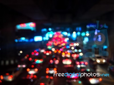 Blur And Blurry Of Traffic Jam And Many Car On Night At Bangkok Stock Photo