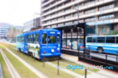 Blurred Abstract Background Of Blue Tram Stock Photo