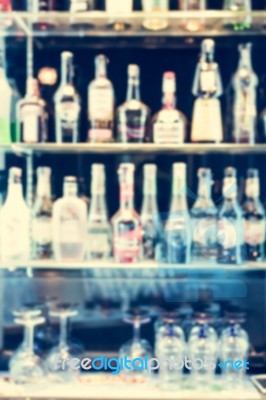 Blurred Alcoholic Drinks Are On The Shelf Stock Photo