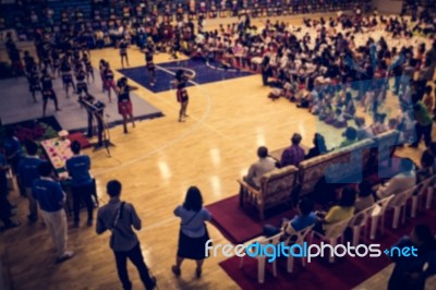 Blurred Crowd Of People Watching Performance In The Hall Stock Photo