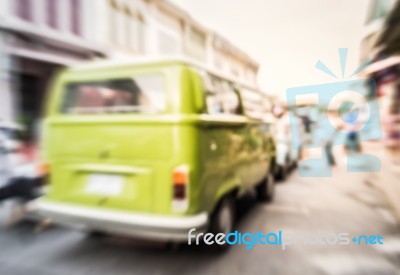 Blurred Green Van On The Road Stock Photo