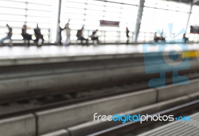 Blurring Background Waiting Train In Train Station Stock Photo