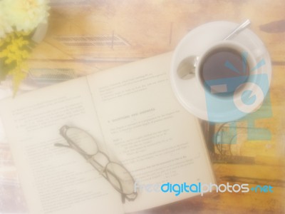 Blurring Smoke Book With Coffee On Vintage Style Stock Photo