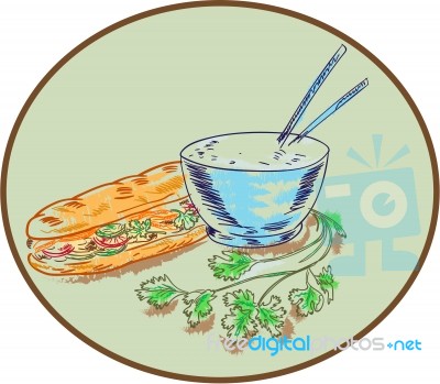 Bánh Mì Sandwich And Rice Bowl Drawing Stock Image