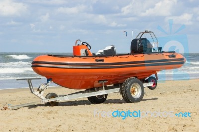 Boat For Emergency Services On Trailer  At Beach Stock Photo