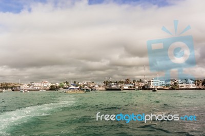 Boats And The Bay At Puerto Ayora On Santa Cruz Island In Galapa… Stock Photo