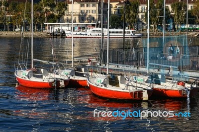 Boats At Lake Como Lecco Italy Stock Photo