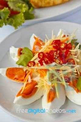 Boiled Salted Eggs With Spicy Topping Stock Photo