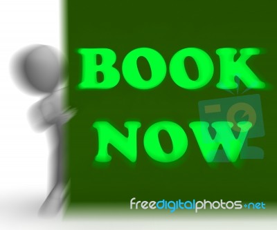 Book Now Placard Shows Hotel Room Reservation Stock Image