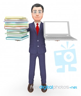 Books Businessman Shows Stack Knowledge And Internet 3d Renderin… Stock Image