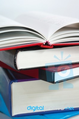 Books Stack With Book Open Stock Photo