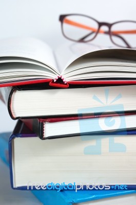 Books With Open Book Stock Photo