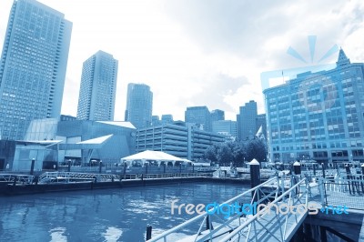 Boston Sept 9: Boston Harbor And Financial District In Blue Toni… Stock Photo