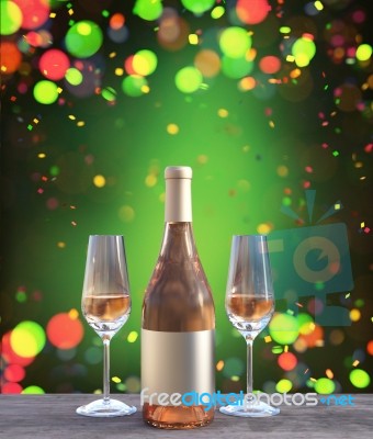 Bottle And Two Glass Of Champagne Decorated On Wooden Floor Stock Image