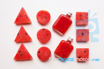 Bottle Of Fresh Watermelon Juice With  Watermelon Pieces Stock Photo