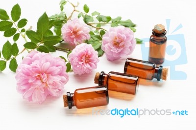 Bottles Of Essential Rose Oil For Aromatherapy Stock Photo