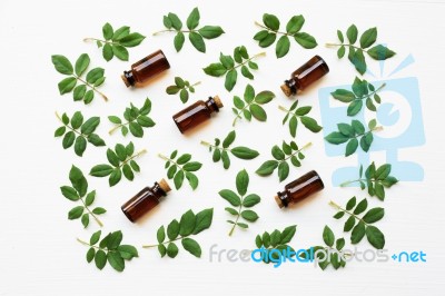 Bottles Of Essential Rose Oil For Aromatherapy Stock Photo