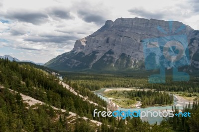 Bow River And The Hoodoos Near Banff Stock Photo