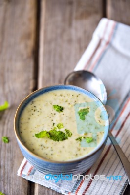 Bowl Of Broccoli And Cheddar Cheese Soup Stock Photo