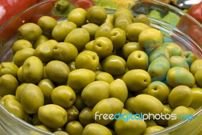 Bowl Of Green Olives Stock Photo